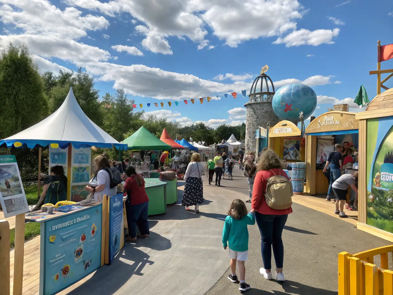 A dynamic scene of a community science outreach event outdoors, with educators demonstrating experiments to a group of enthusiastic children and parents, surrounded by informational banners and natural scenery.