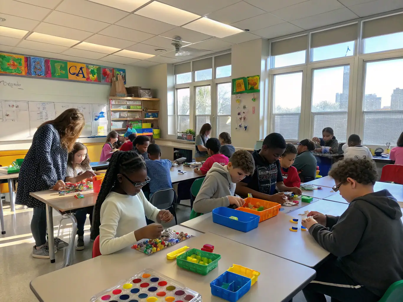 A vibrant photo of children and adults participating in a hands-on science workshop, with microscopes, fossils, and interactive displays, set in a bright classroom environment to illustrate active learning.