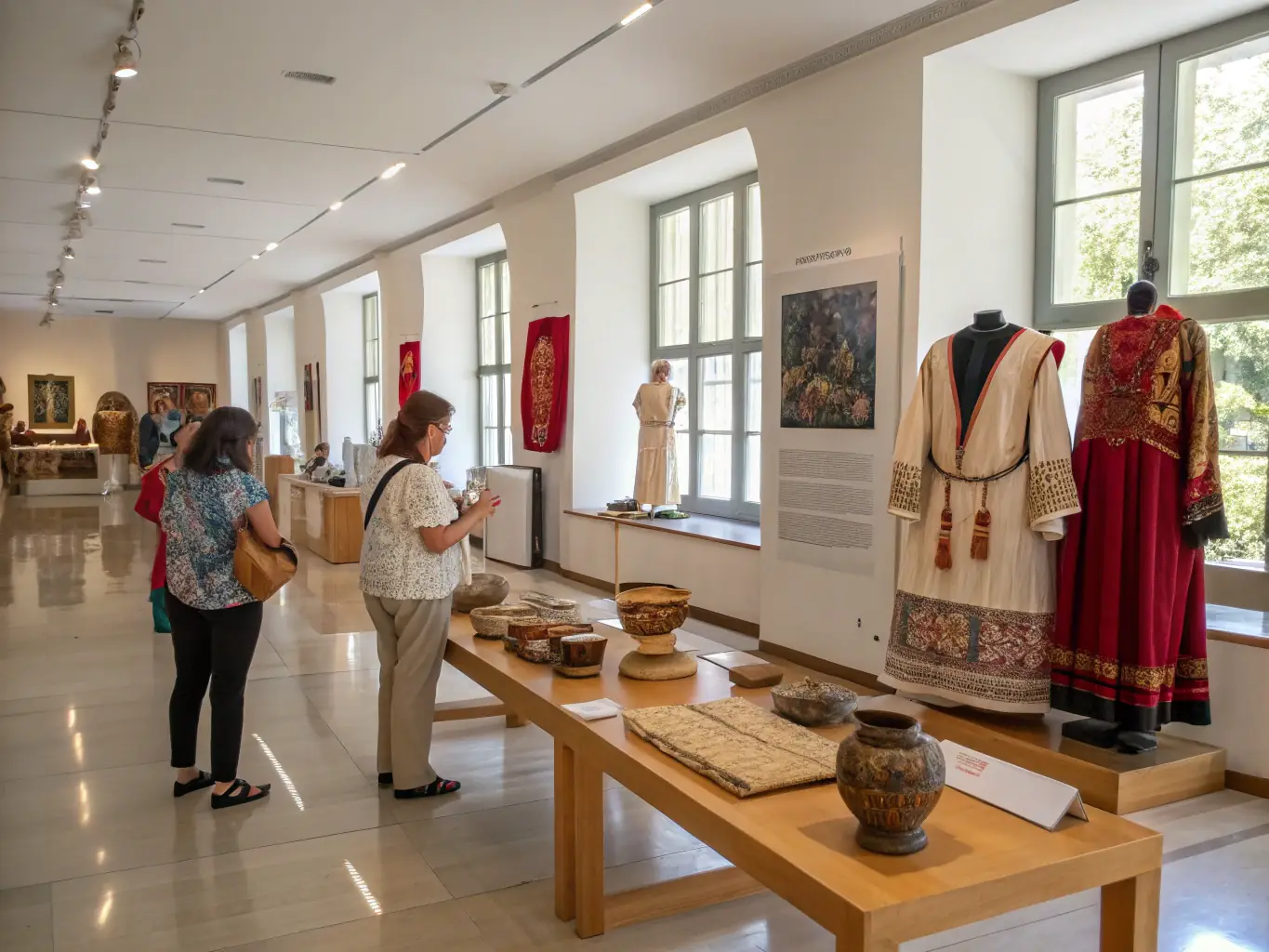 A detailed image of ancient artifacts and historical displays, with visitors observing and reading exhibit information in a well-lit museum setting, emphasizing cultural heritage and discovery.