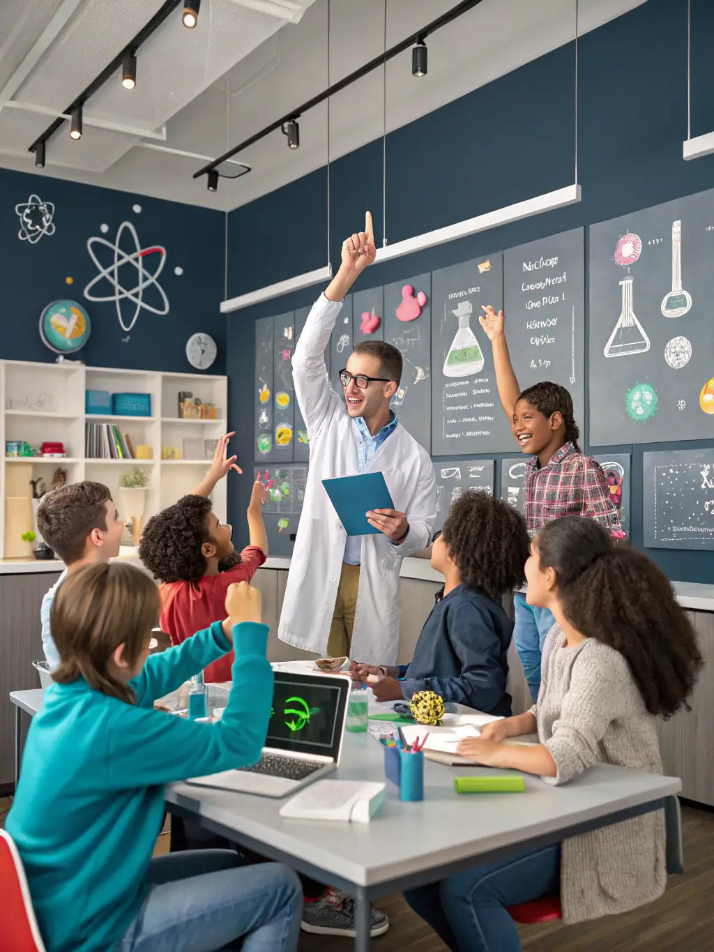 A vibrant scene of children and adults gathered around interactive science displays, with an expert guide explaining a hands-on experiment in a bright, modern classroom setting. This image will be used to illustrate the organization's educational workshops.