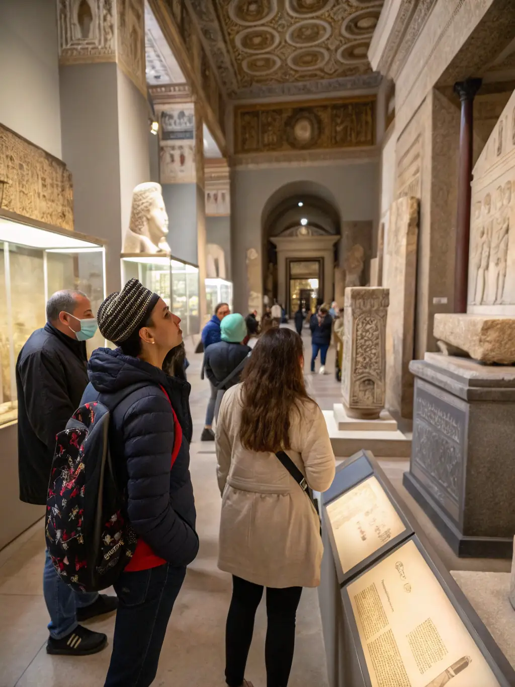 A group of students and a teacher examining ancient artifacts in a well-lit exhibition hall, with detailed informational panels and replicas of historical objects. This image will be used to represent the Ancient Civilizations Exhibition.