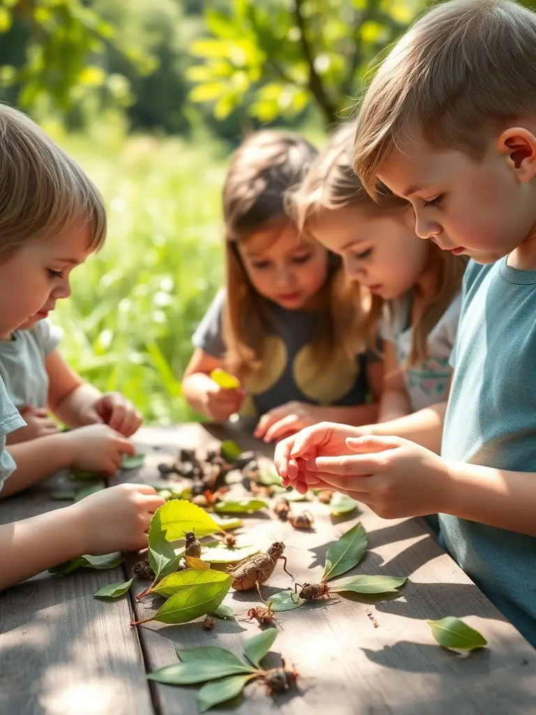 A lively outdoor scene with children and adults observing a nature demonstration, featuring microscopes, plant samples, and a facilitator leading a discussion. This image will be used for the Natural Sciences Outreach Program.