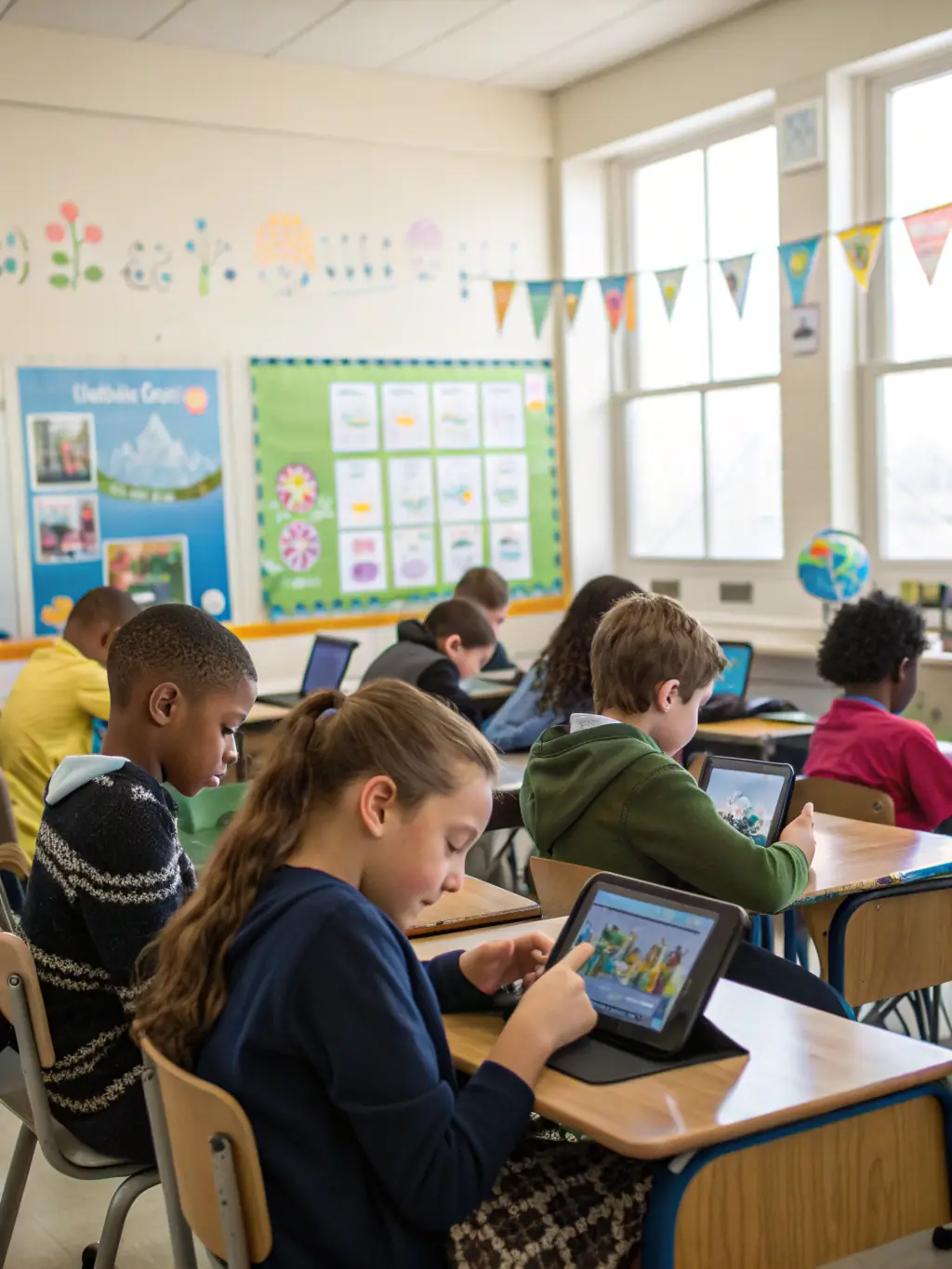 A classroom setting where students are collaborating on a history project, surrounded by books, maps, and digital tablets, with a mentor providing guidance. This image will be used to illustrate the Educational Mentorship Initiative.